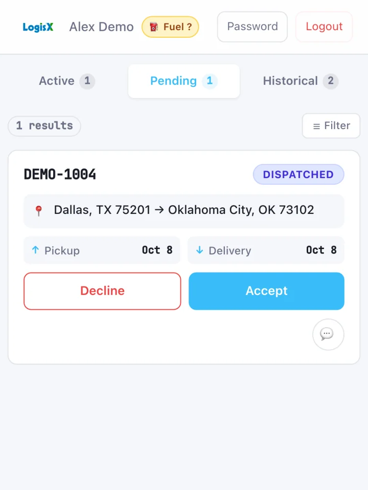 The LogisX driver app's Pending tab: a load offer from Dallas, TX to Oklahoma City, OK with Decline and Accept buttons.