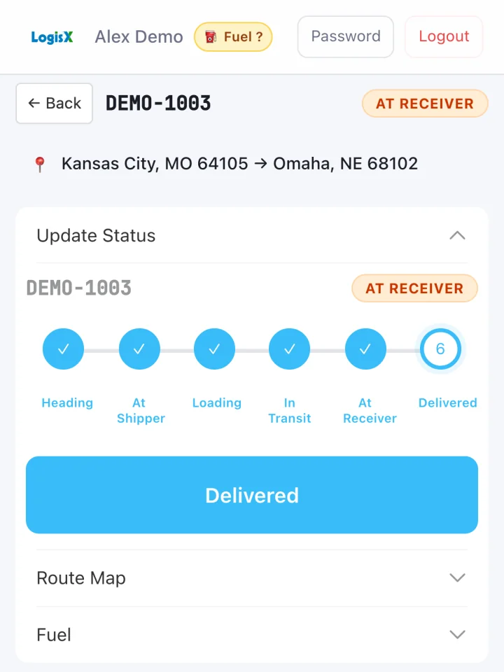 A load in the driver app marked At Receiver, its status steps checked off up to At Receiver, with the Delivered button.
