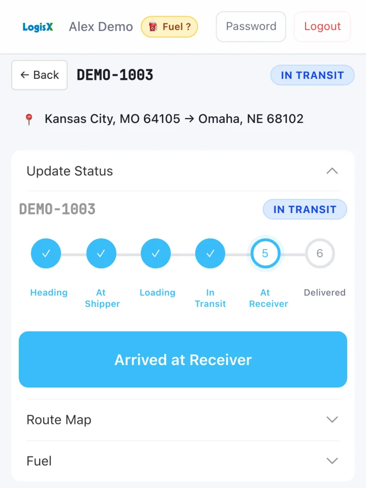 A load in the driver app marked In Transit, its status steps checked off up to In Transit, with the button for the next step, Arrived at Receiver.
