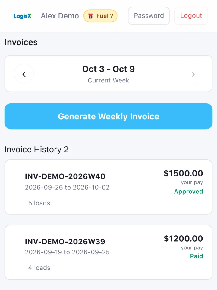 The driver app's Invoices tab: the current week, a Generate Weekly Invoice button, and two weekly invoices marked Approved and Paid.