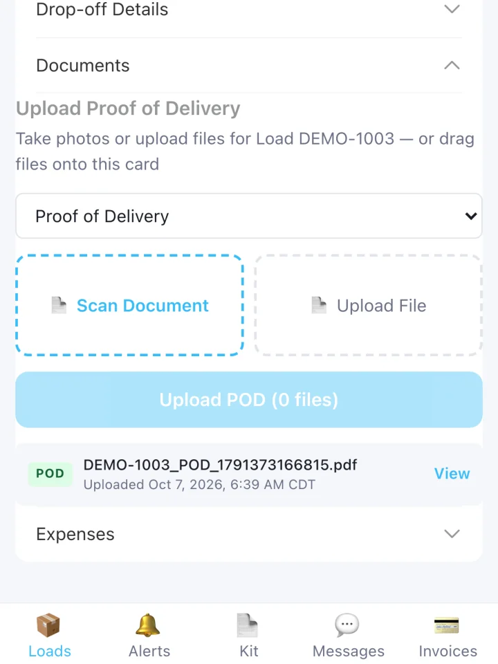 The driver app's Documents section: Scan Document and Upload File, and a proof of delivery already uploaded for the load.