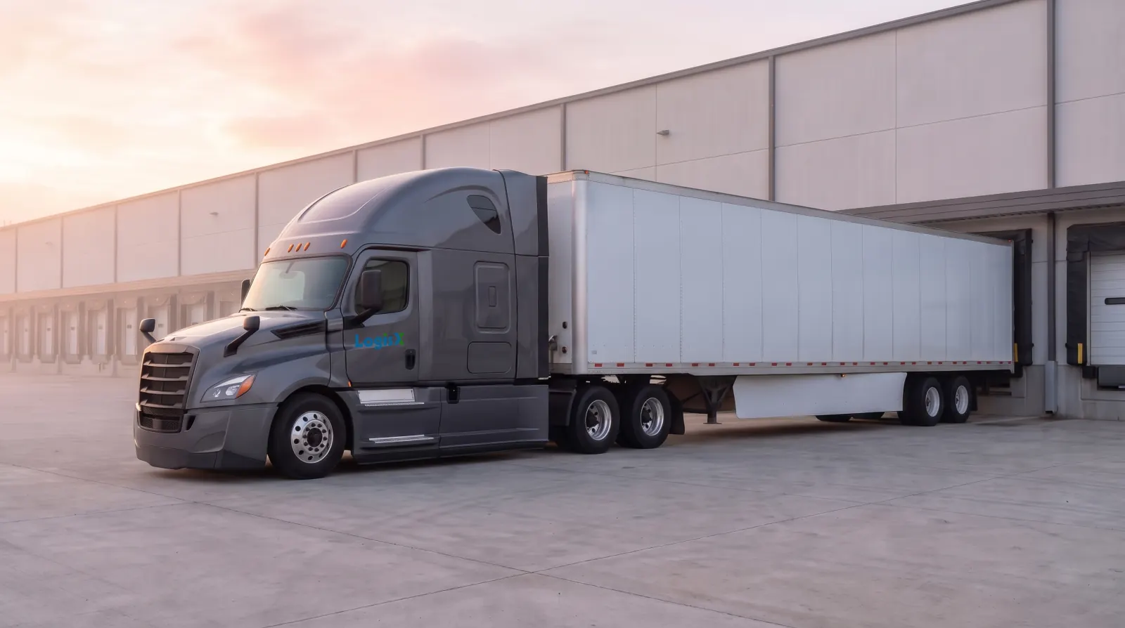 A charcoal semi truck with the LogisX logo on its cab door and a plain white dry van trailer, parked at the loading docks of a distribution center at dawn.