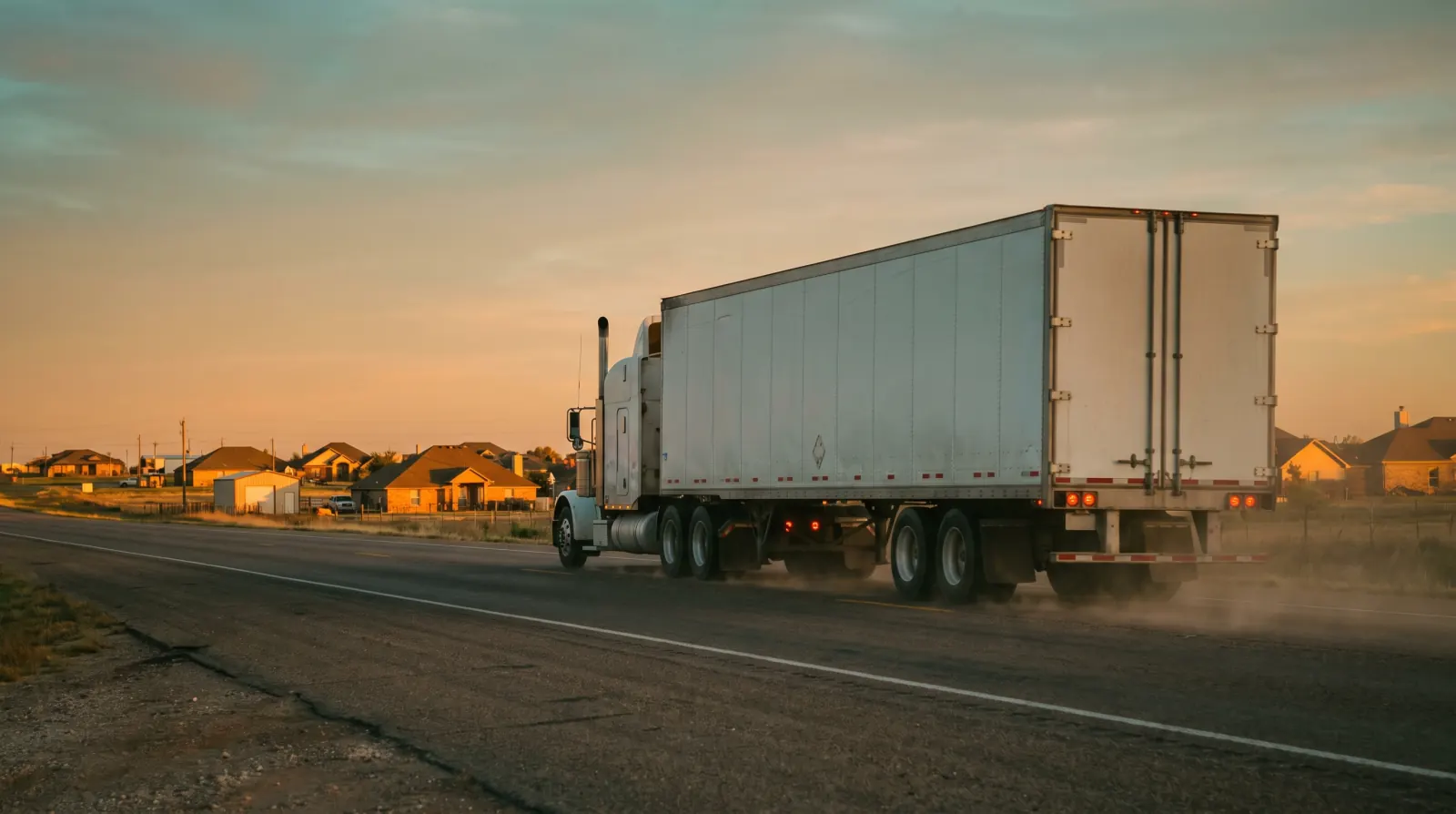 A white semi truck on a two-lane road heading toward a small town at dusk.