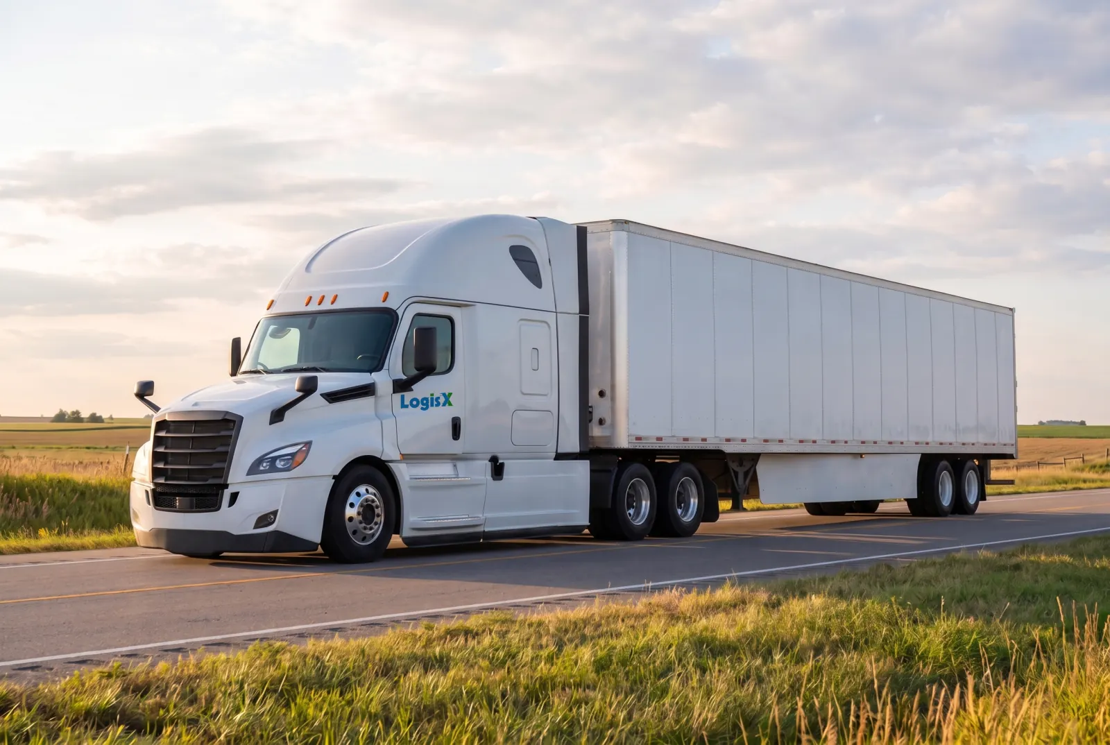 A white sleeper-cab semi truck with the LogisX logo on its cab door, pulling a plain white dry van trailer on a two-lane highway across open prairie in late-afternoon light.
