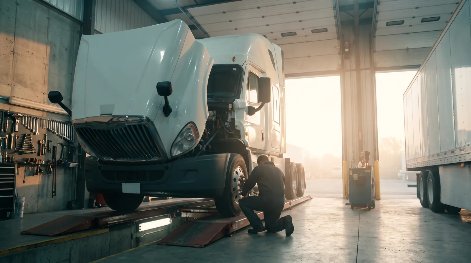 A mechanic kneels at the front wheel of a white semi truck with its hood raised in a maintenance bay.