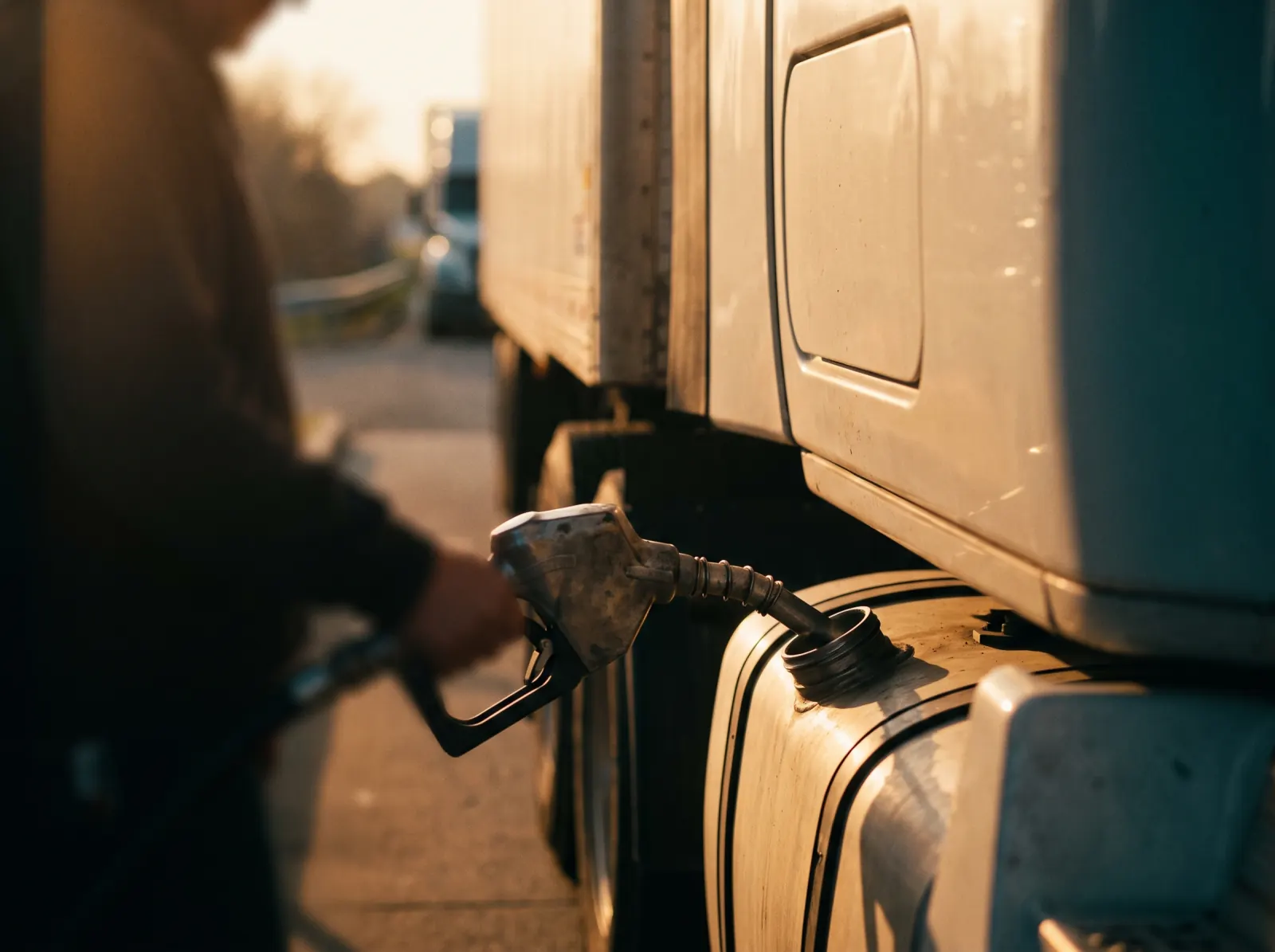 A hand holds a fuel nozzle in the tank of a white semi truck, in low golden light.
