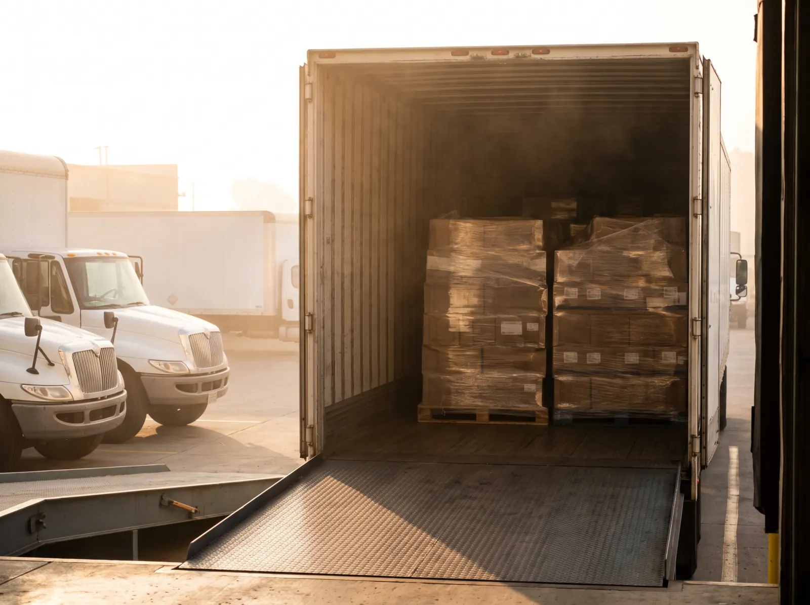 A trailer backed up to a loading dock, loaded with shrink-wrapped pallets, with white trucks parked beside it.