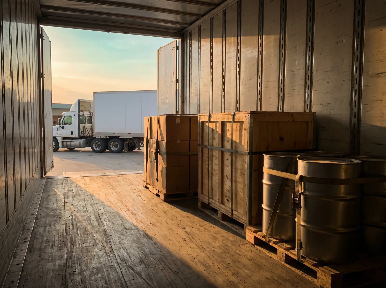 Inside a trailer: stacked boxes, a wooden crate and strapped steel drums on pallets, with a truck outside the open doors.
